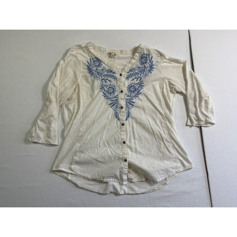 Sonoma Life + Style Womens XL Ivory Blue Floral Embroidered Boho Blouse Top